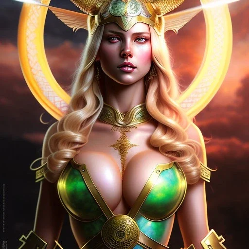 portrait 'beautiful Sexy busty Blonde Sif',long hair,horned helmet, celtic tattoed,crystal clear green eyes,painting by gaston bussiere, greg rutkowski, yoji shinkawa, yoshitaka amano, tsutomu nihei, donato giancola, tim hildebrandt, oil on canvas, cinematic composition, extreme detail,fit full head inside picture,32k