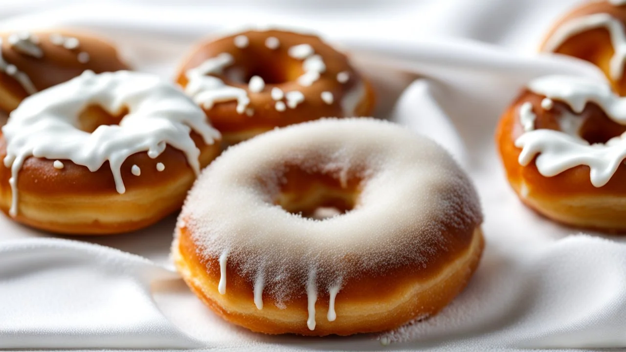 just Sugar-coated fluffy no holes hungarian Donuts lies on white Cloth, high realistic, detalied, random background, perfect food Photo