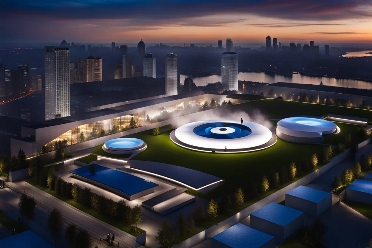 a big open disko stage in modern city center environment , at distance,blue sky pretty clouds ,night .