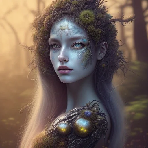 Portrait of beautiful girl, plant, metal, feathers, Dryad, fae, sidhe, ominous, nature, plants, wildflower, facepaint, dnd character portrait, intricate, oil on canvas, masterpiece, expert, insanely detailed, 4k resolution, retroanime style, cute big circular reflective eyes, cinematic smooth, intricate detail , soft smooth lighting, soft pastel colors, painted Renaissance style,bokeh, 800mm lens