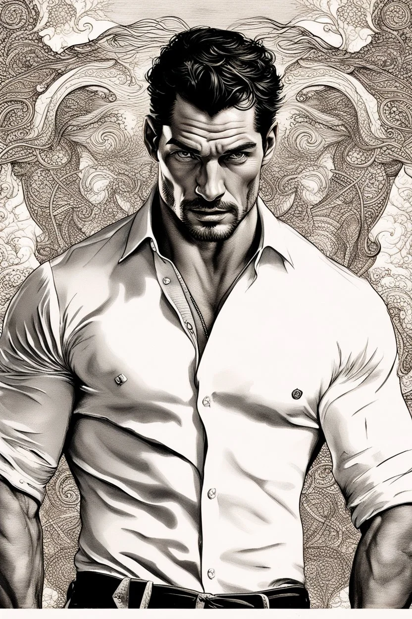 David Gandy Very muscular man short cropped hair and rough beard, tribal tattoos wearing white button up shirt, realistic face, close-up, dark fantasy, inside, intricate details, hyper detailed, photograph