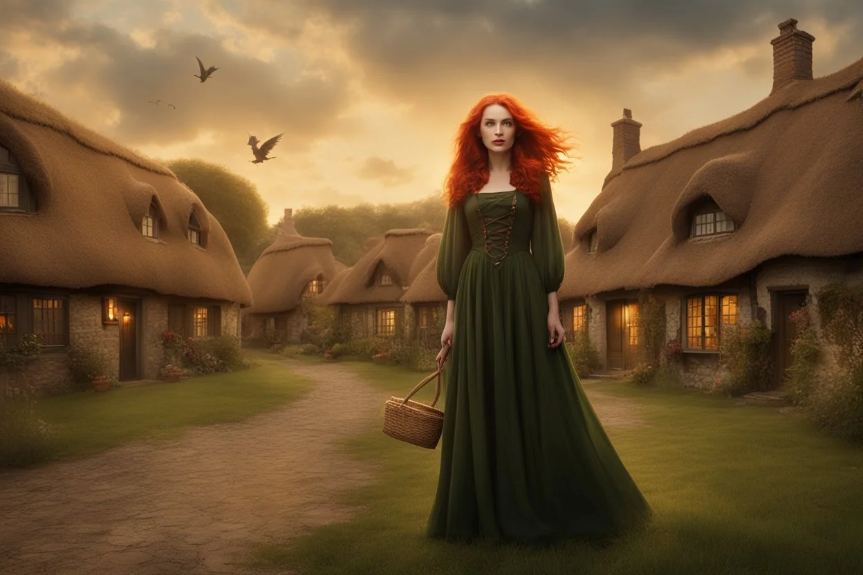 Full body shot of a tall slim pretty, red-headed young female witch, casting magical glowing symbols into the air, dressed in a long flowing green dress, standing in front of a row of cottages and shops with thatched roofs