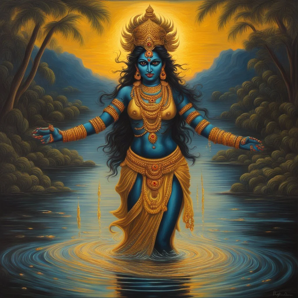 An oil painting of goddess Kali crossing a lake, neon gold colors, high detail eyes,