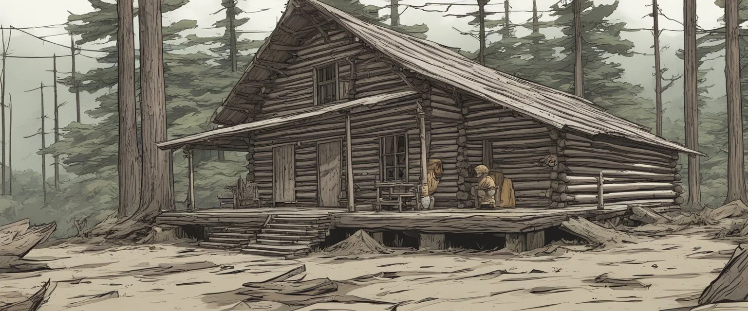 log cabin welcome center, post-apocalyptic, comic book, forest, cinematic, from far away,