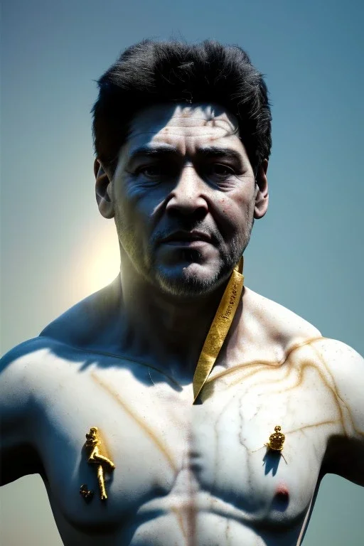 Ultra Realistic image, classic sculpture, white marble material, Maradona, gold crown of natural thorns, god crown, gold veins, gold ornaments, sun rays background, waist up portrait, epic, celestial, cinematic lighting, God lights, 4k resolution, smooth details, soft lighting, unreal engine 5, art station, substance 3d.