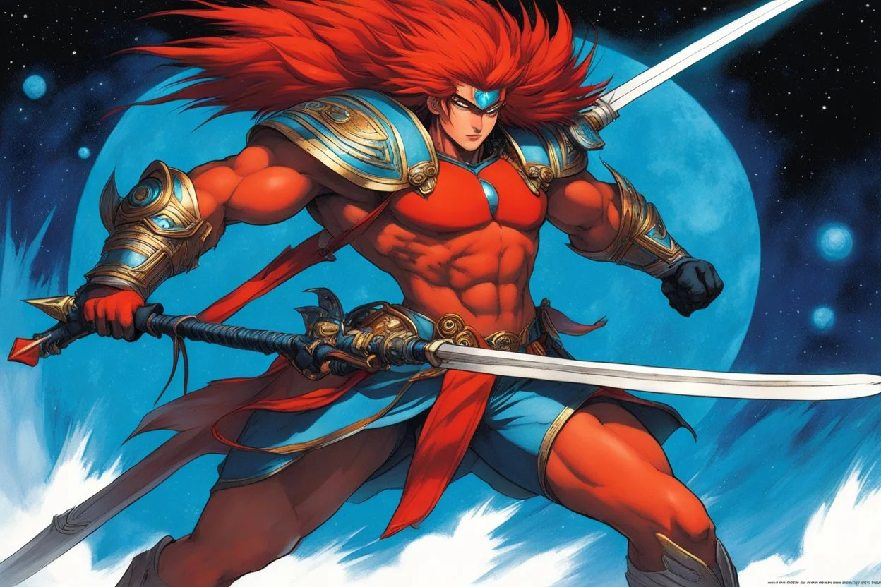 (in the style of Orion, by Masamune Shirow) Subject & Action: A tall and slender red Fuzzum, with deep-seated, wise eyes and an intense, focused expression, poised as if on the edge of a great throw. He grips a long, bone-handled javelin with bands of cosmic turquoise and deep orange, his feathered hands steady and sure. Environment & Setting: The Fuzzum stands upon the desolate, yet vibrant, terrain of Dandelo. The background is a dense forest of iridescent fungi and towering, crystal-like plan