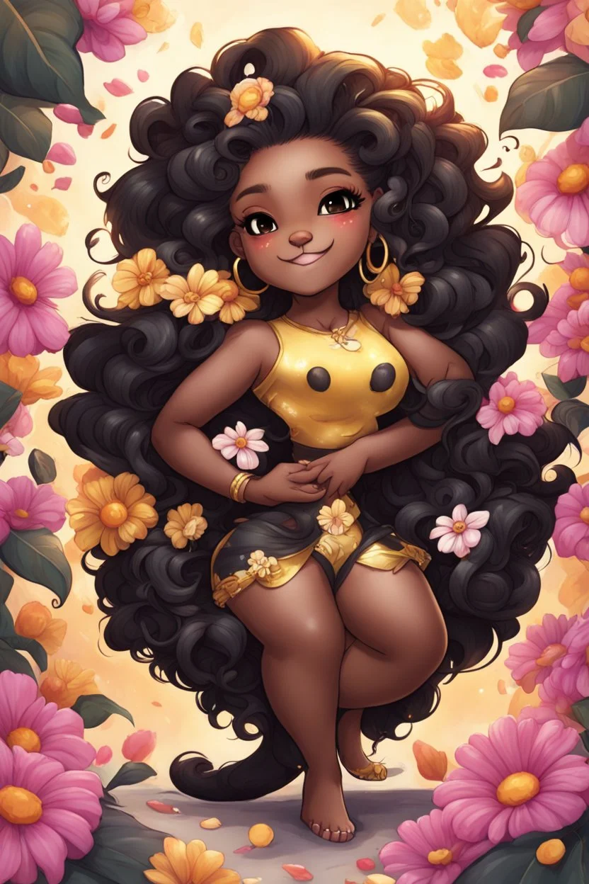 A sassy thick-lined airbrushed cartoon black chibi girl lounging lazily on her side, surrounded by flower petals. She has a golden lion tail curling playfully behind her curvy body. Looking up coyly, she grins widely, showing sharp lion teeth. Her poofy hair forms a mane framing her confident, regal expression.