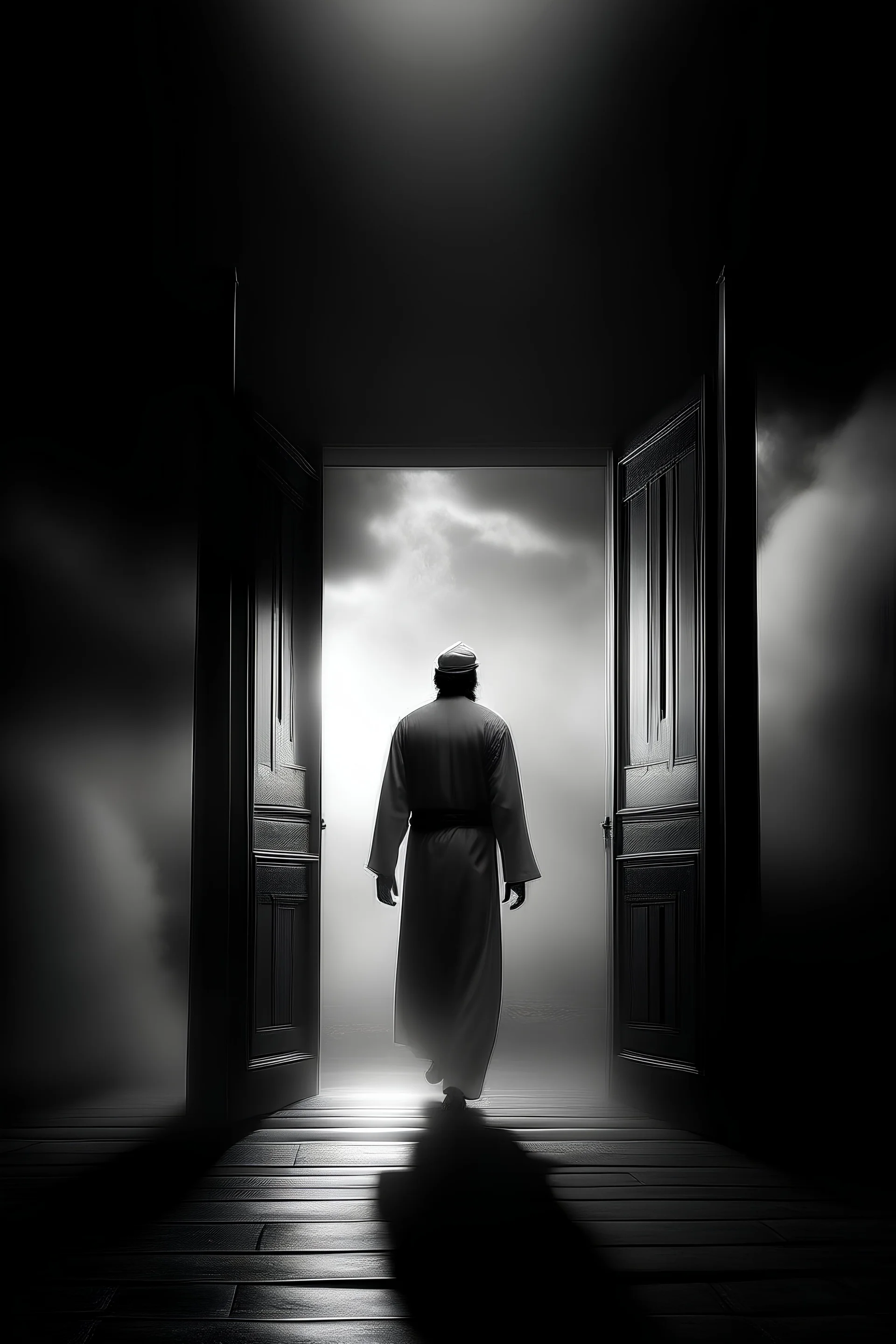 man Imam of people walks as as shadow of light , and his clothes are like the Prophet He walks backwards black whit clothe and looks to the sky with cloud and star , and he walk on sky and cloud, then walk to big wood door , and open it with effect of oil painting and Cinematic lighting, realistic