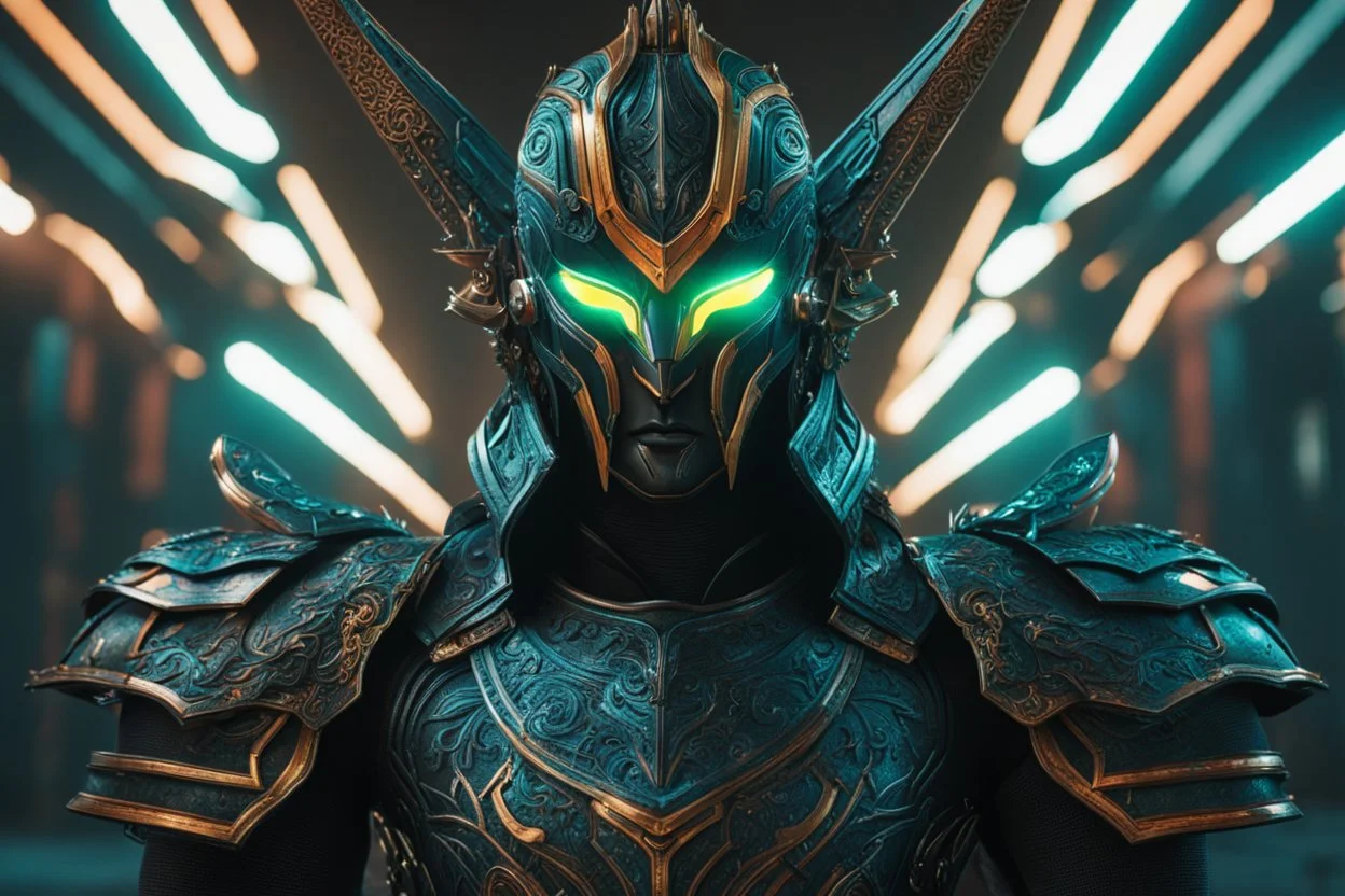 Dark cosmic yone in 8k live action artstyle, cyber mask, two swords , close picture, neon lights, intricate details, highly detailed, high details, detailed portrait, masterpiece,ultra detailed, ultra quality