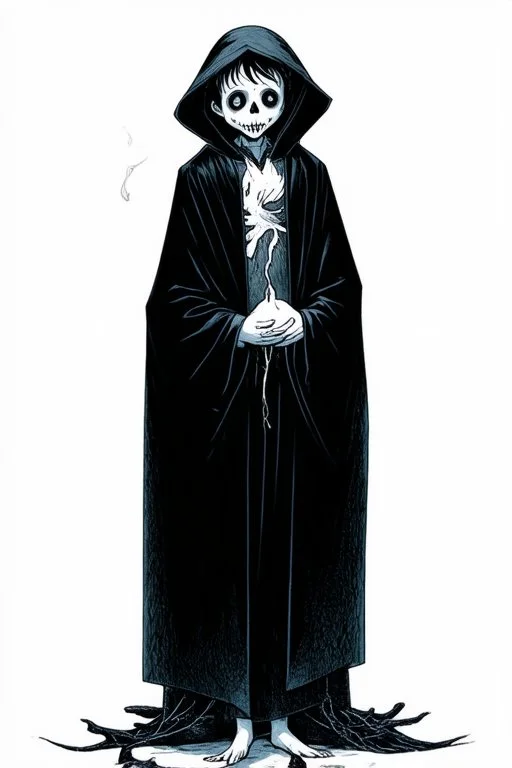7 year old boy, necromancer, friendly, looks dead,with a long lamprey emerging from his belly , wearing black robes, with the lower body of a ghost in the style of Harry Clarke