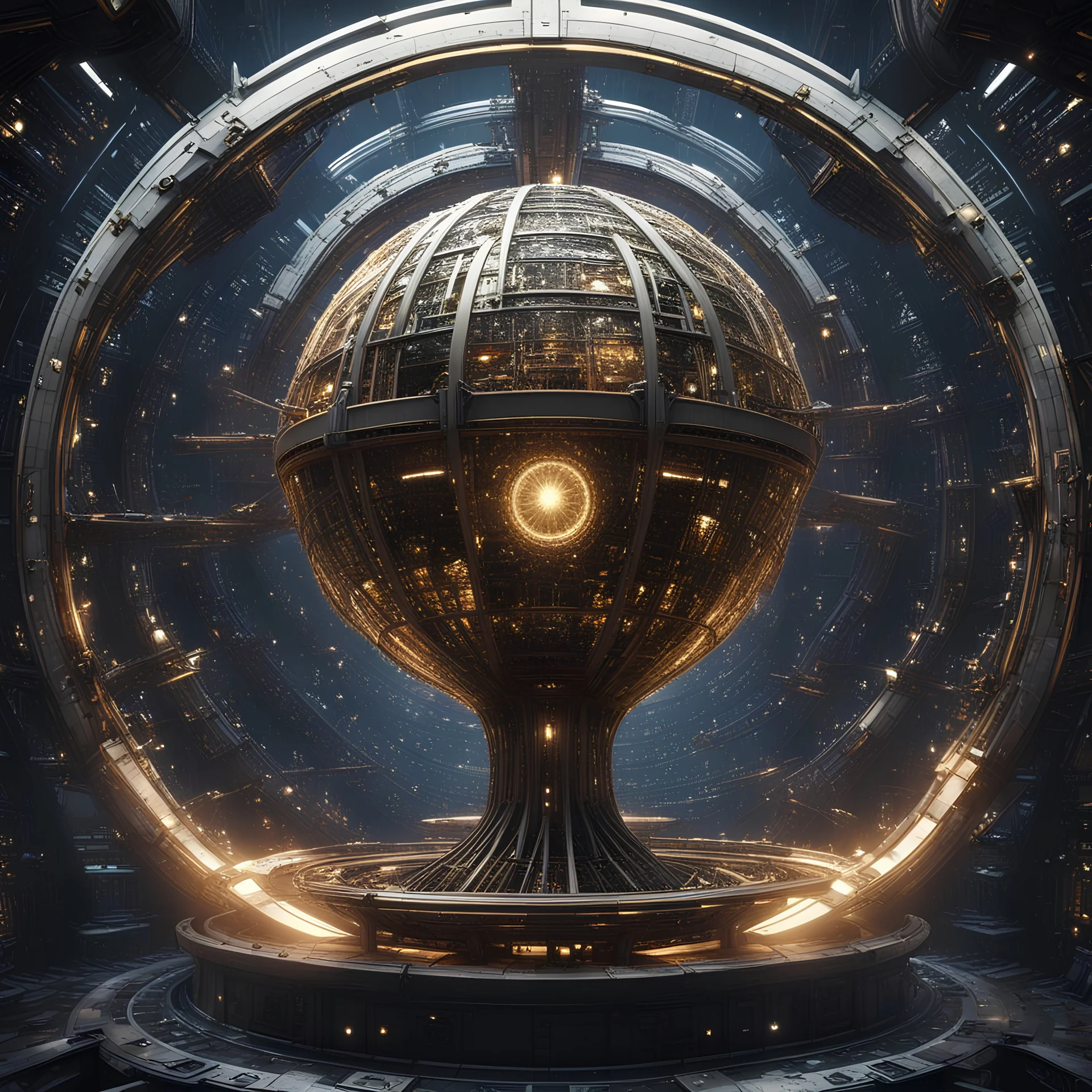 create me a large Christmas tree encased in a thin round, ornate golden ring. mechanical futuristic space cyberpunk style. extra electrical and pneumatic details, robot arms, laserguns. think dyson sphere, warp core, plasma couplings. background should be #000000 full black.