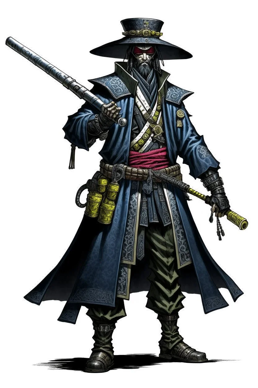 Gunslinger samurai, wearing a duster coat and mempo, with s cybernetic right arm