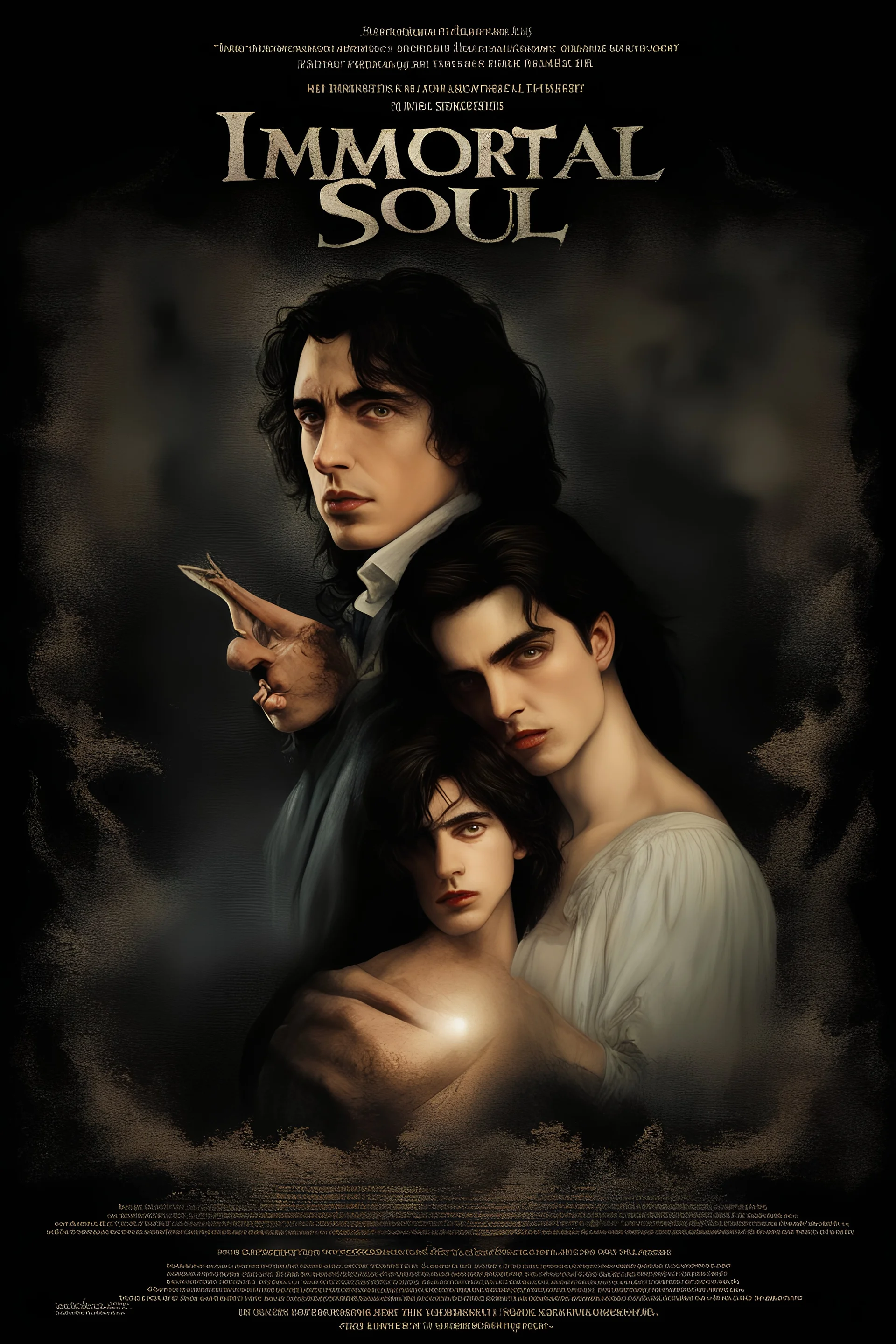 Movie Poster -- "Immortal Soul," Starring Paul Stanley as the evil vampire and Timothee Chalamet as Malcolm Stark - After witnessing the murder of his wife, at the hands of an evil vampire, he vows to avenge her death - in the art style of Boris Vallejo, Frank Frazetta, Julie bell, Caravaggio, Rembrandt, Michelangelo, Picasso, Gilbert Stuart, Gerald Brom, Thomas Kinkade, Neal Adams, Jim Lee, Sanjulian, Thomas Kinkade, Jim Lee,