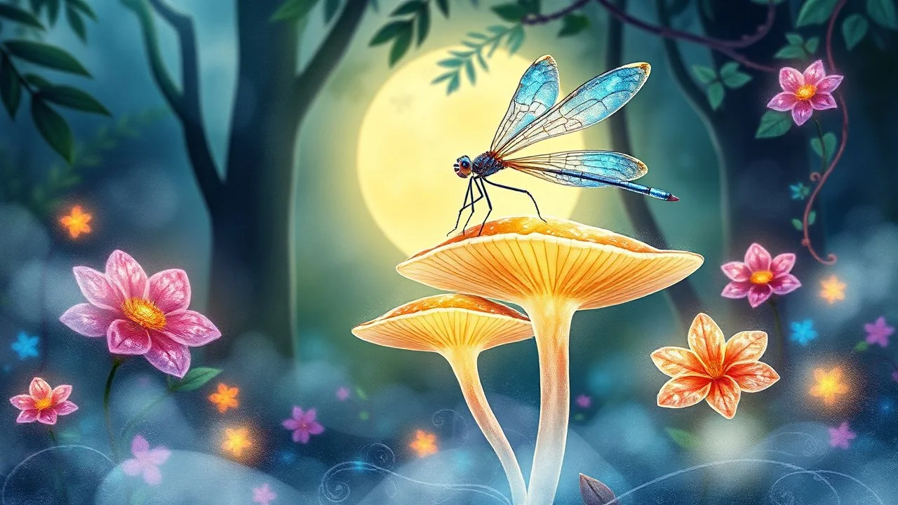 Create an ethereal scene where a majestic, iridescent dragonfly perches on a delicate, glowing mushroom amidst a lush, moonlit forest. The atmosphere is tranquil, with soft, luminescent mist swirling around the fungi. Incorporate shimmering, rainbow-colored flowers and vines with intricate, swirling patterns. Style: Watercolor-inspired, with soft brushstrokes and vibrant, dreamy colors.