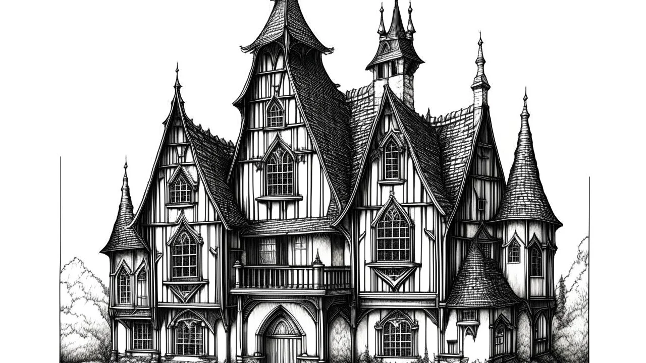 A detailed ink illustration of a front elevation of a Tudor fantasy house, with tall chimneys and roofs.