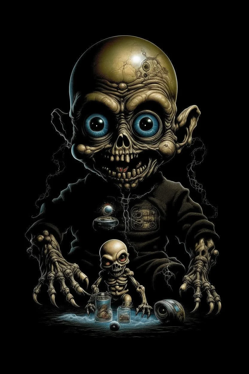 Science experiment Horror Doll by Richard Corben, Todd Schorr, T-Shirt Design, Black Background