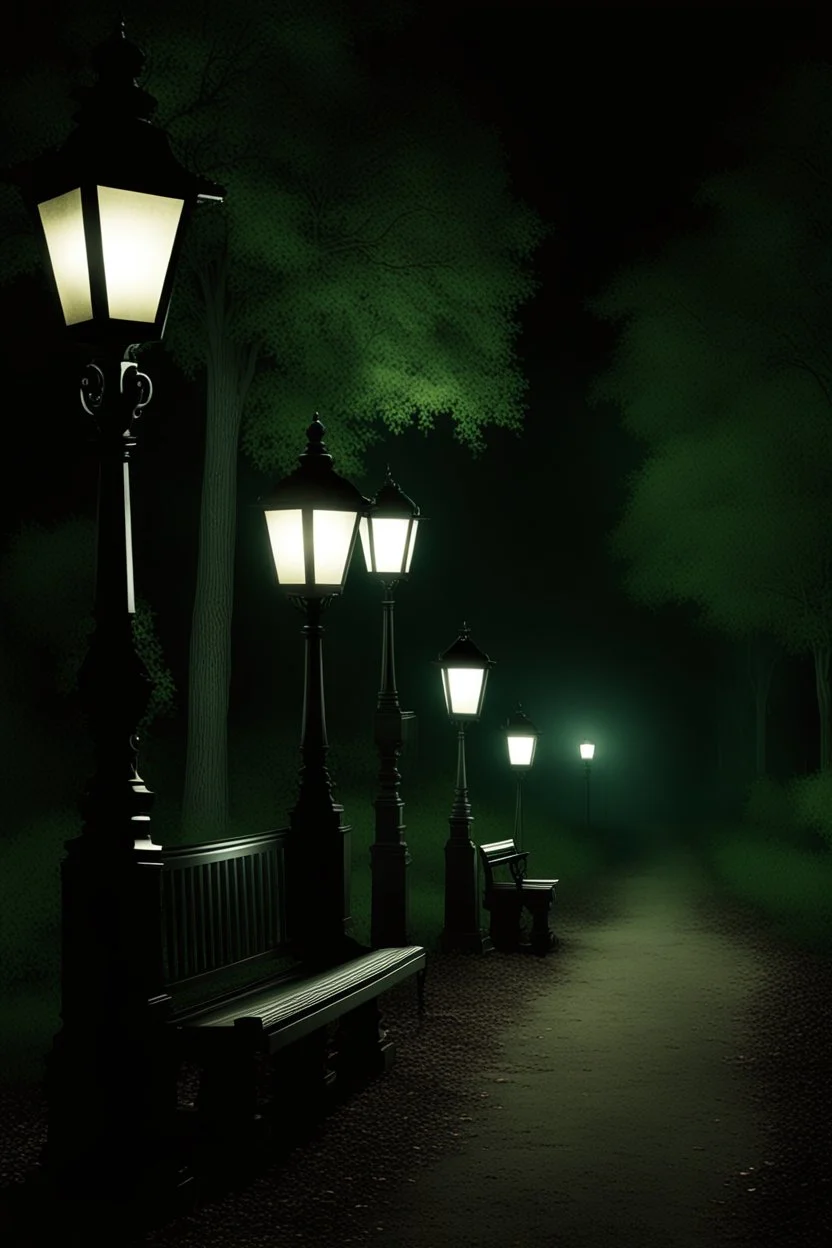 Park at night with lanterns, square bench, and dirt roads, trees, gothic horror films influence, creepy, photography