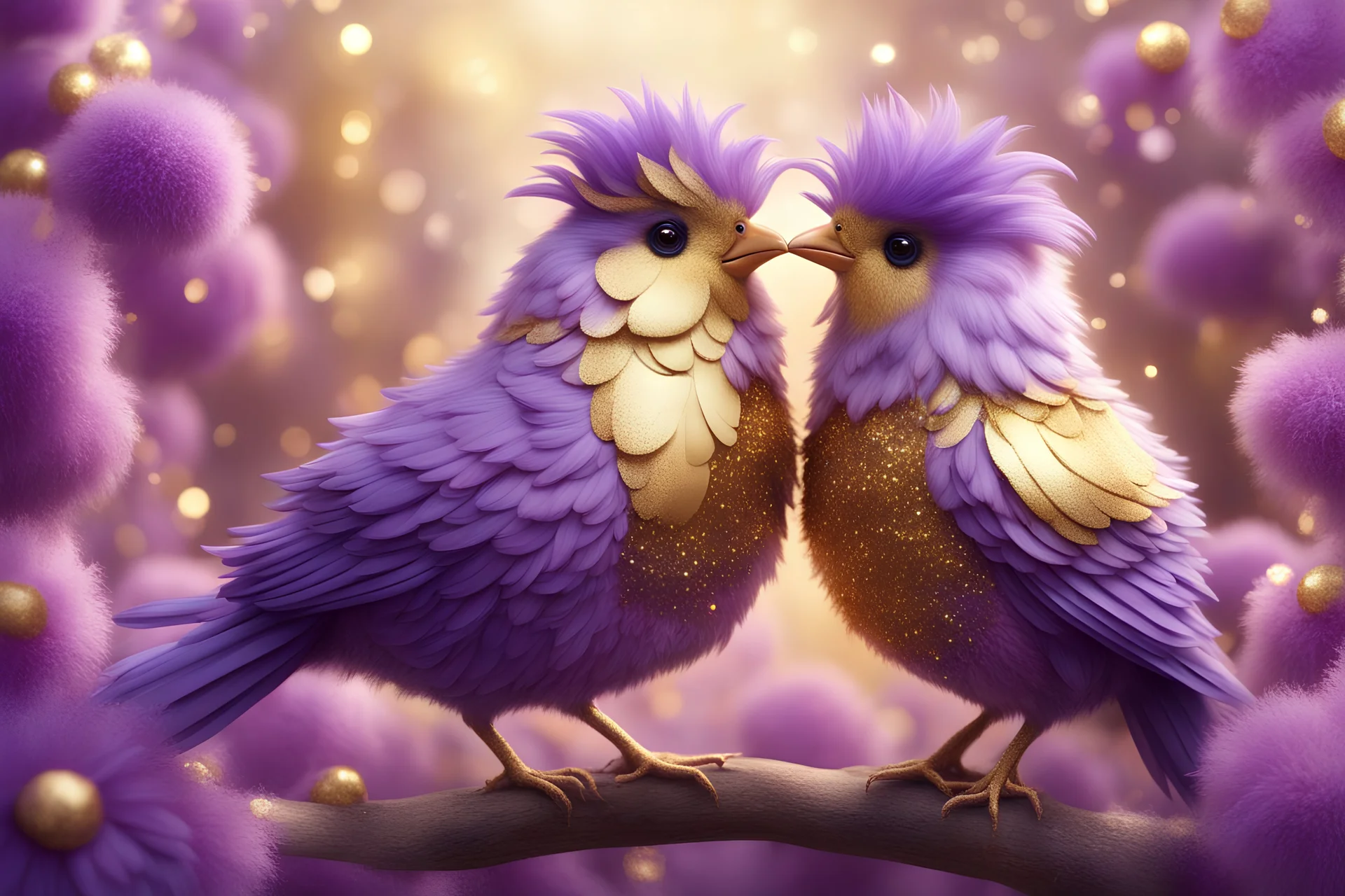 Very fluffy bird couple love, flora, in sparkling sunshine Weight:1 detailed matte painting Weight:0.9 in purple, golden glitters