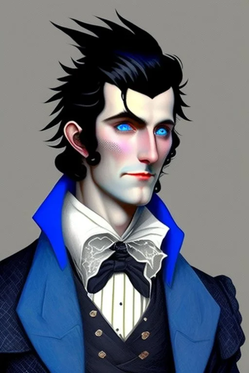 black haired blue eyed dandy wizard in the style of beresford egan