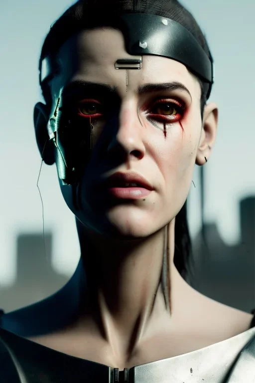 portrait post-apocalypse ,latex cyborg in a cyberpunk city, sci-fi fantasy style, 8k,dark coloursA portrait post-apocalypse cyborg Sofia Boutella in a cyberpunk city, sci-fi fantasy style, 8k, volumetric lighting, particales,highly detailed,cinematic, deep scars on face,deep colours.