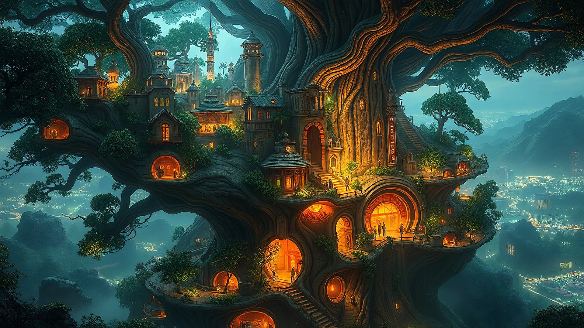 A breathtaking futuristic city built inside a giant tree, with buildings spiraling up the branches and glowing, bioluminescent plants lighting up the streets at night. Photographic quality and detail, award-winning image, beautiful composition.