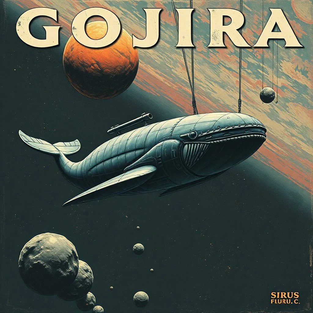 create a satirical "GOJIRA" album cover, Flying Whale spacecraft orbiting Sirus C, surreal fine art, textured, hallucinatory, complex dystopian spacepunk, heavy metal magazine art aesthetic