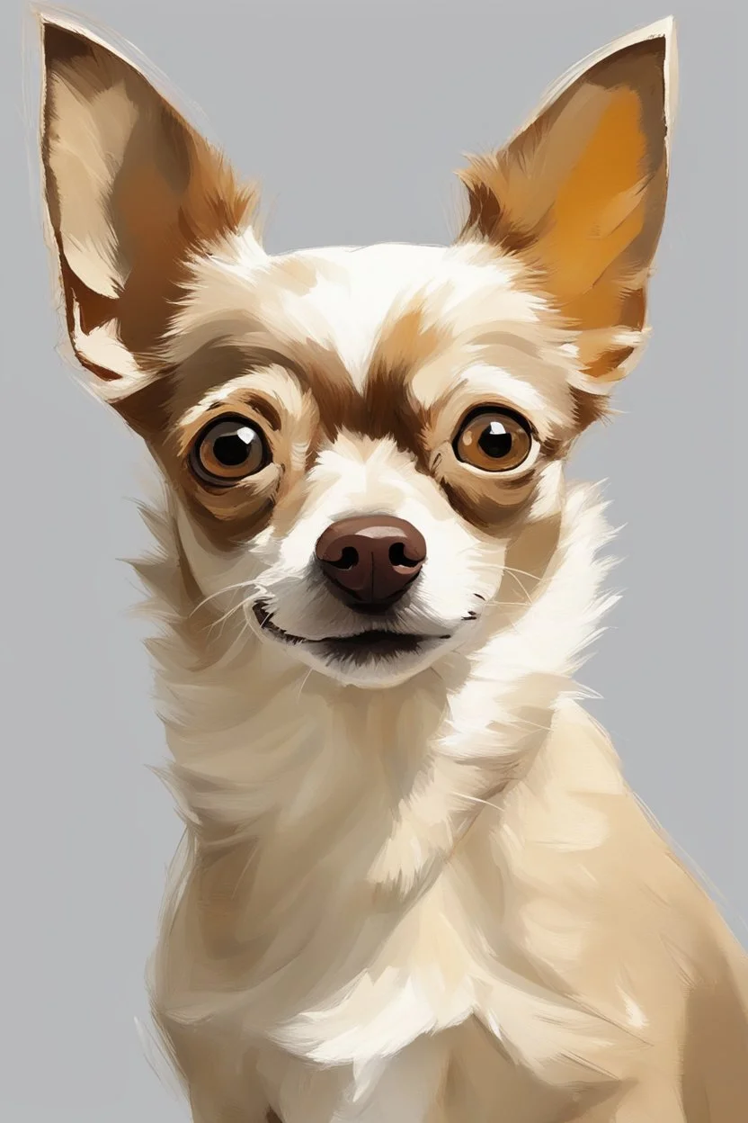 This image is a striking painting of a chihuahua The dog is facing forward with a slightly tilted head, giving it a curious and endearing expression. Its fur is rendered with expressive, textured impasto brushstrokes in earthy tones—creamy whites, browns, and hints of gray—that create a sense of depth and movement. The background is a soft, muted gray, which contrasts beautifully with the warm tones of the dog and helps it stand out as the focal point. The overall style blends realism with impre