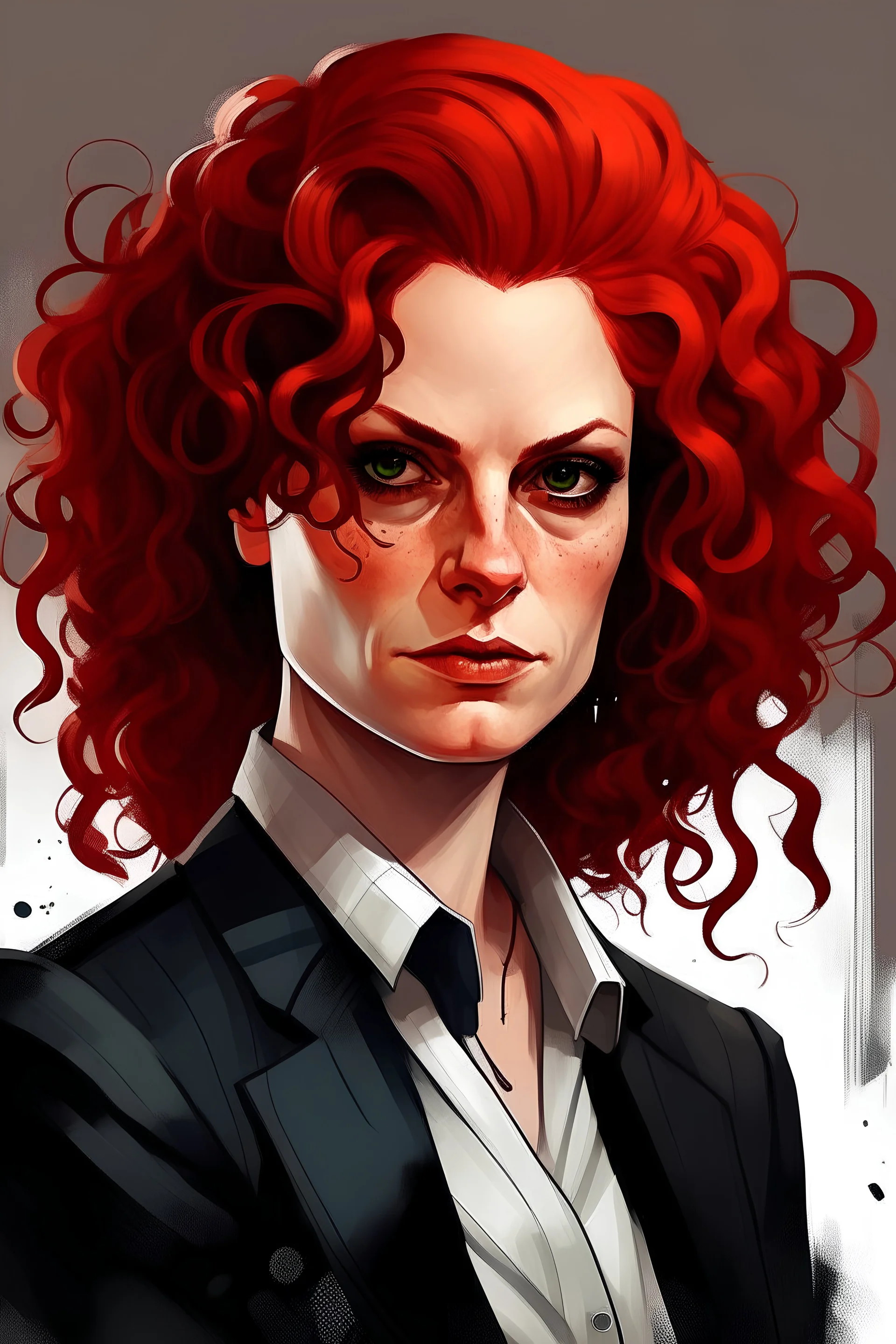crime city, female portrait, mob boss, curly red hair