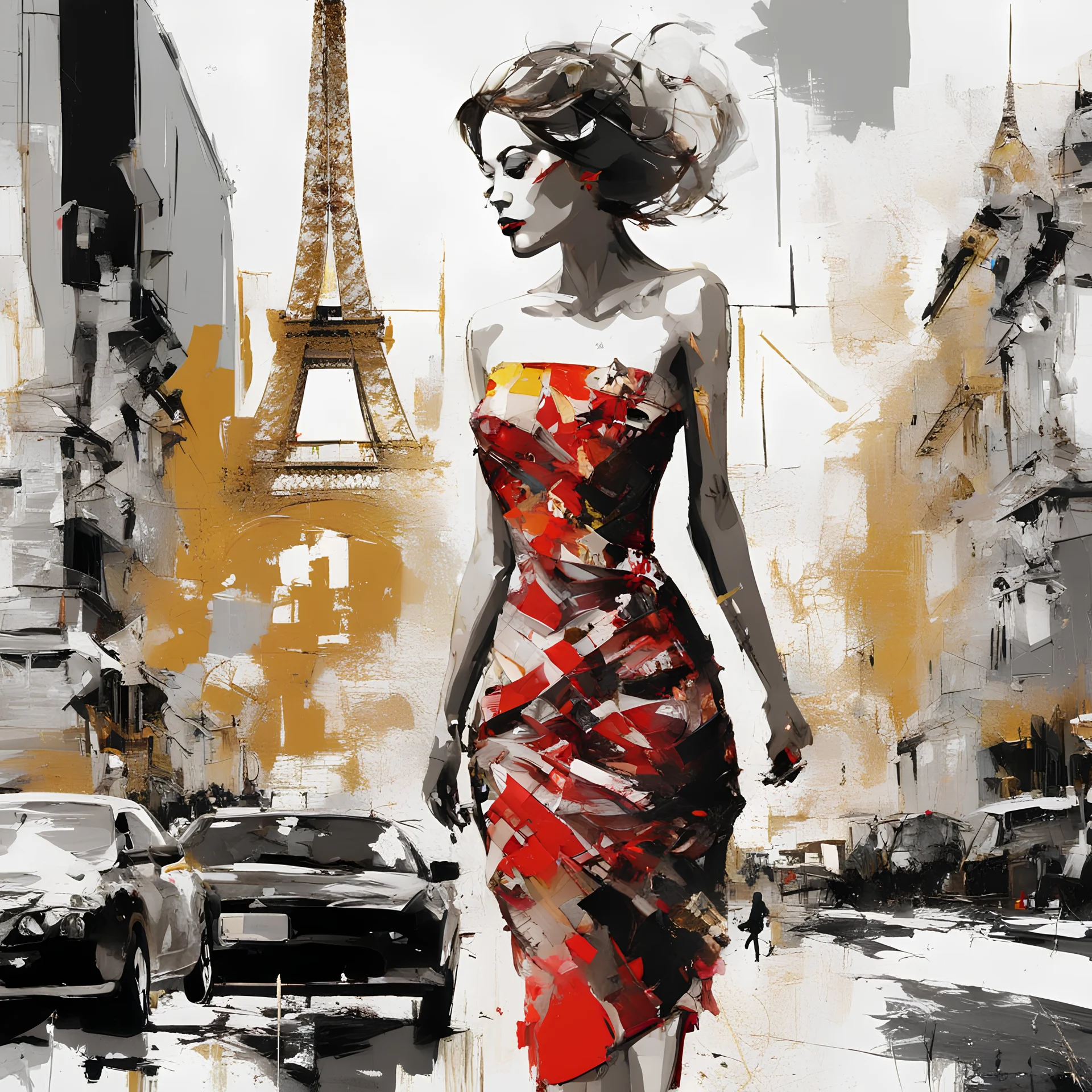 illustration of abstract painting: city Paris, skyline buildings, Woman beautiful dress, black-white-red-gold by Derek Gores, Highly Detailed