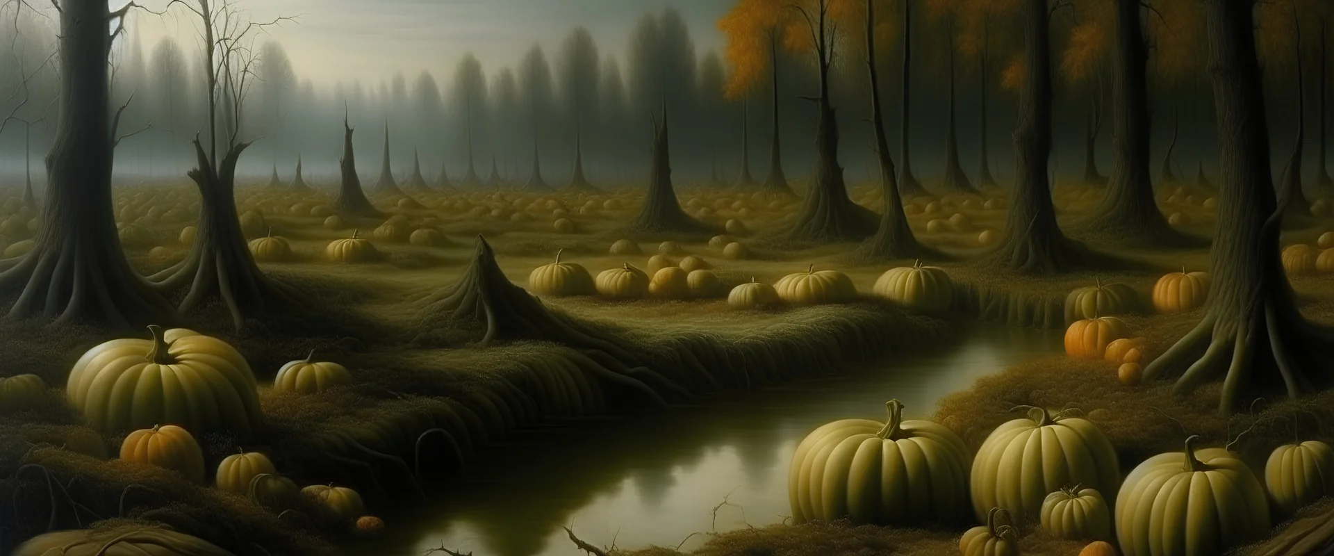 A swamp filled with pumpkins painted by Caspar David Friedrich