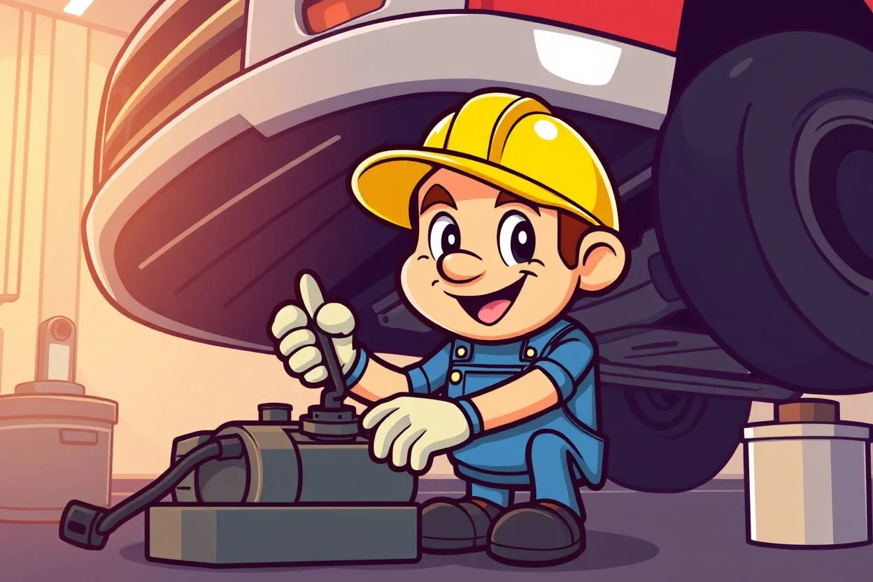 retro cartoon mascot of a vehicle mechanic, under a vehicle doing an oil change, in modern vector