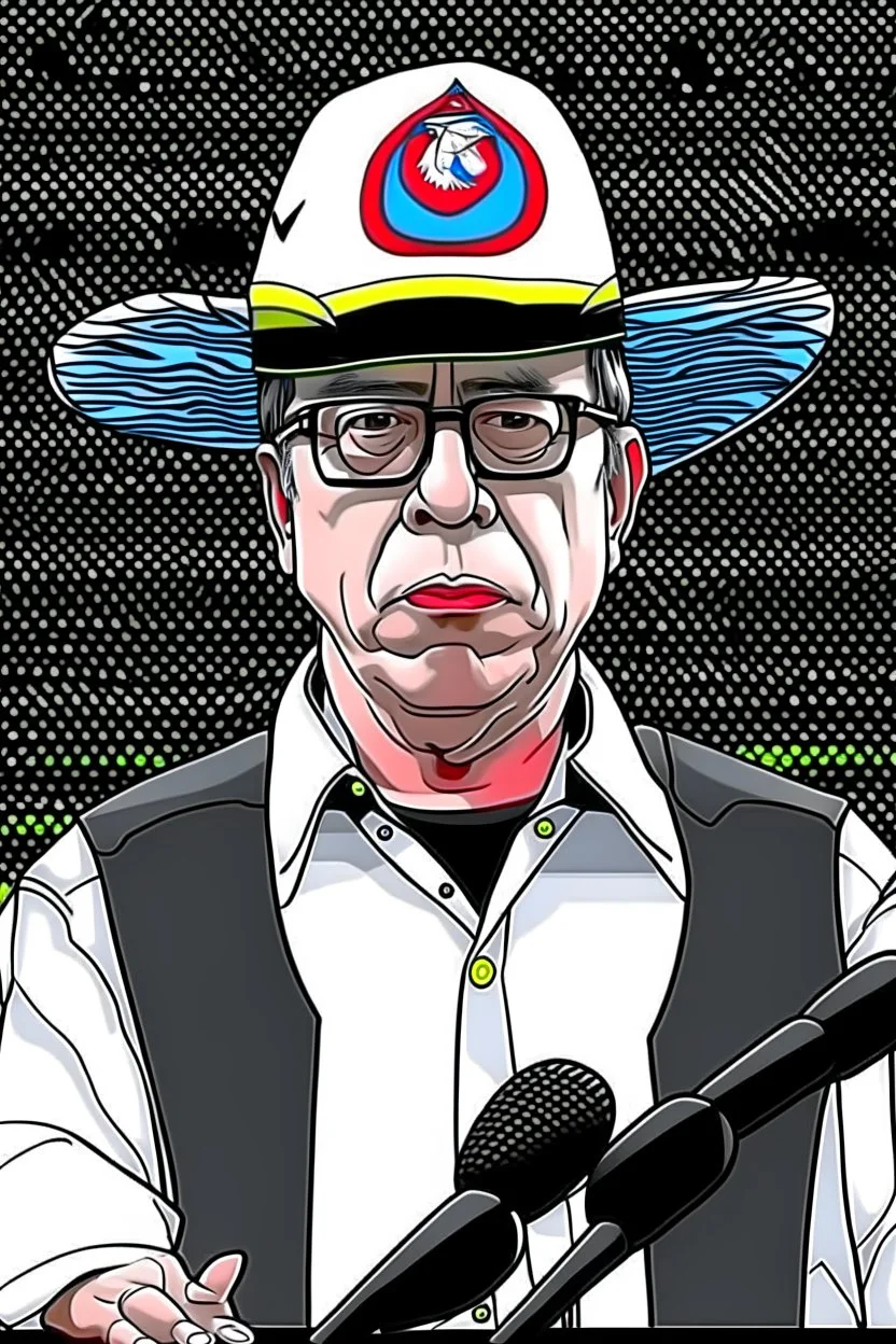 Ilustración vectorial de Gustavo Petro con gorra deportiva camisa colores negro, blanco y rojo, fondo negro