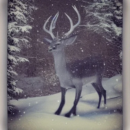 unusual multilegged and multiple eyed stag cryptid in the snow polaroid vintage style realistic