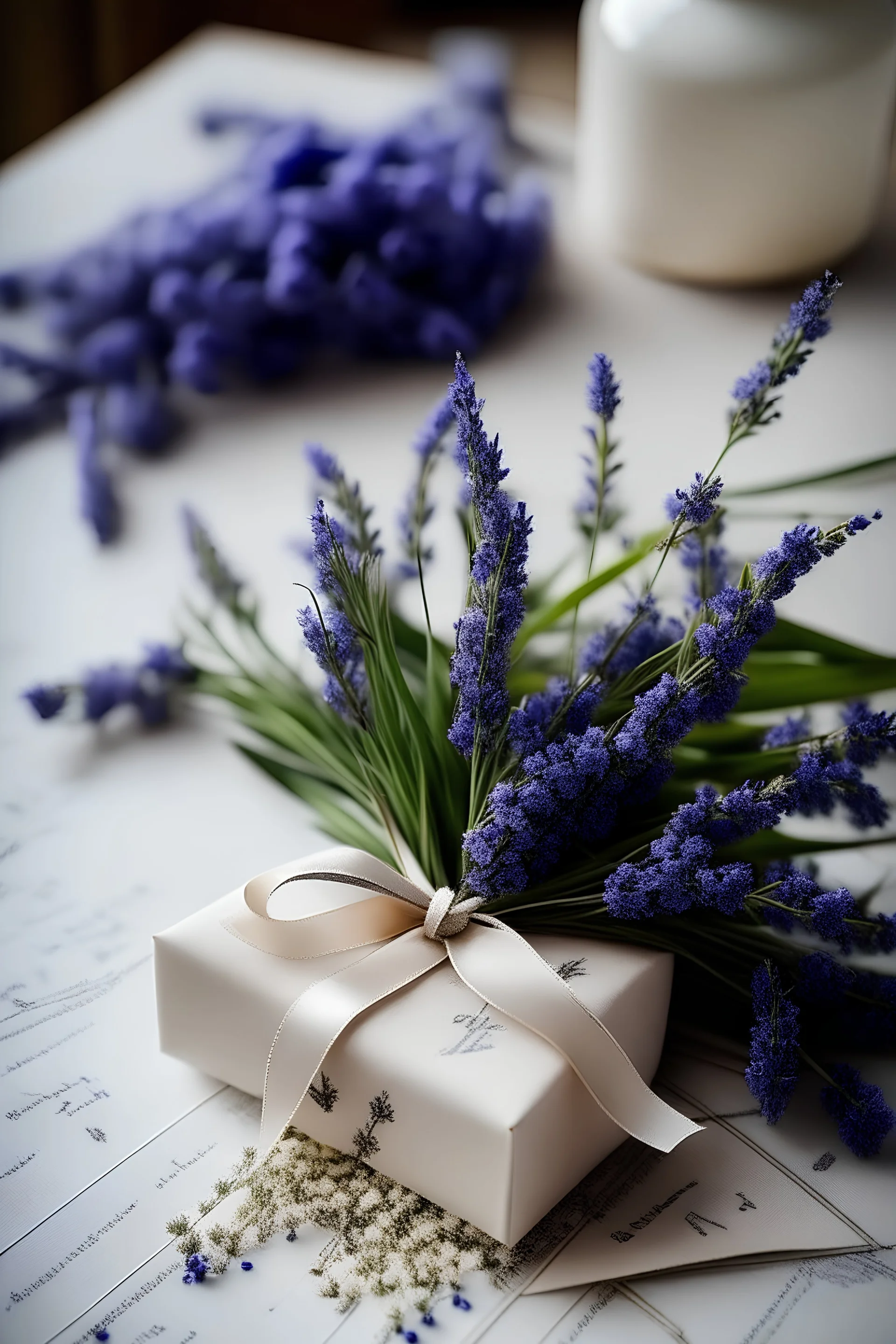 small wedding gift with lavender and baby's breath