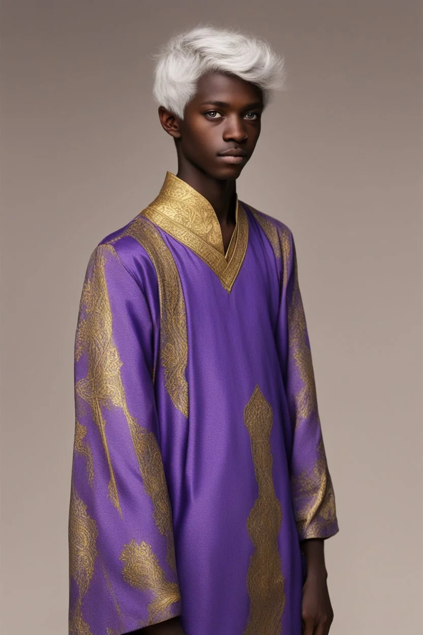 sixteen-year-old boy, dark-skinned, white-haired, and blue-eyed, dressed in a purple and gold tunic