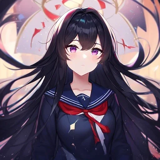 Clear focus, High resolution, Black long fluffy hair, purple eyes, wearing a sailor uniform, shattered rainbow in triagle formation