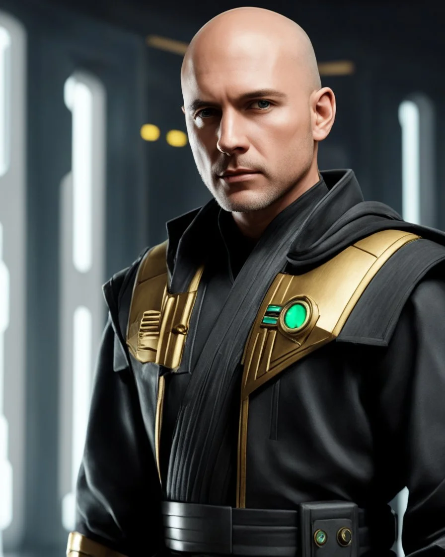 star wars bald male corellian pilot wearing dark gunmetal grey and black First Order special forces TIE pilot armored flightsuit and helmet with gold trim inside the jedi temple, centered head and shoulders portrait, hyperdetailed, dynamic lighting, hyperdetailed background, 8k resolution, volumetric lighting, light skin, fully symmetric details