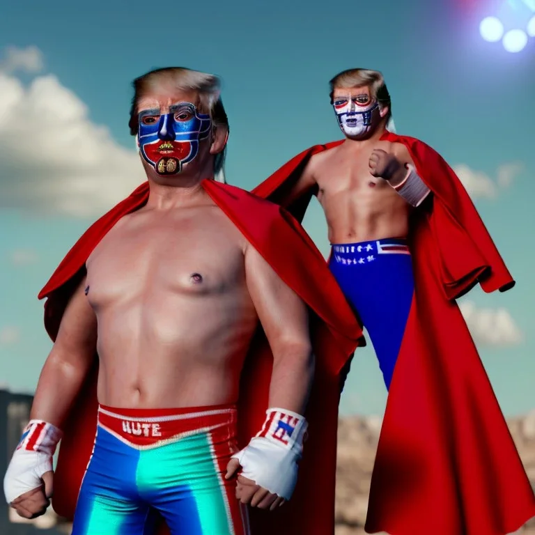 realistic image of donald trump as a mexican wrestling fighter posing outdoors, Mexican eyes wrestling mask, red and blue breeches, confederate flag cape, retro style, 80s, vibrant color, highly detailed, sky background, concept art, unreal engine 5, god rays, ray tracing, RTX, lumen lighting, ultra detail, volumetric lighting, 3d, finely drawn, high definition, high resolution.