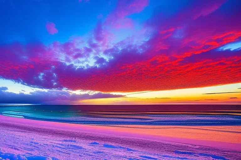 Brilliant sunset at a snow covered icy Waikiki Beach in Honolulu Hawaii covered in winter snow and ice at sunset, alcohol inks, dazzling wet bright colors, winter wonderland