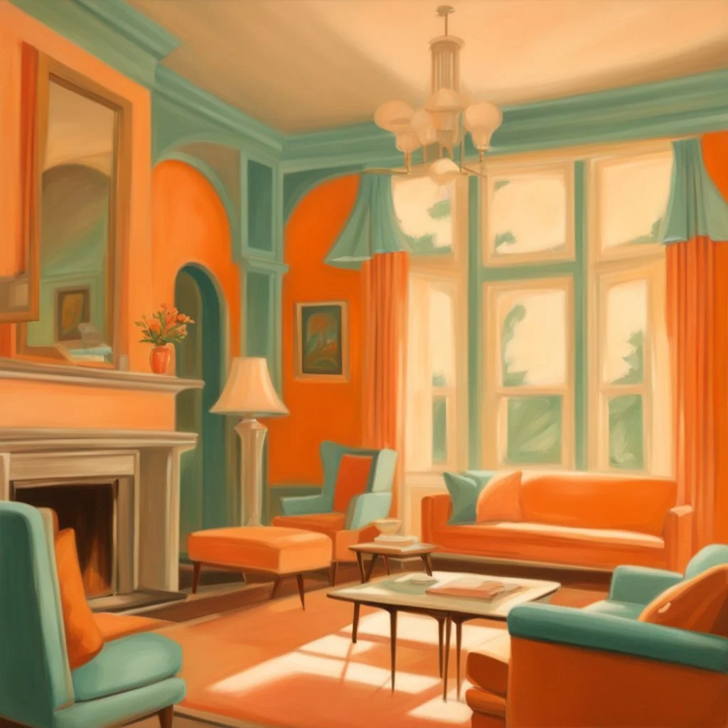 realistic oil painting of 1950s architecture interior house, art deco furniture visible. peach orange and cyan interior