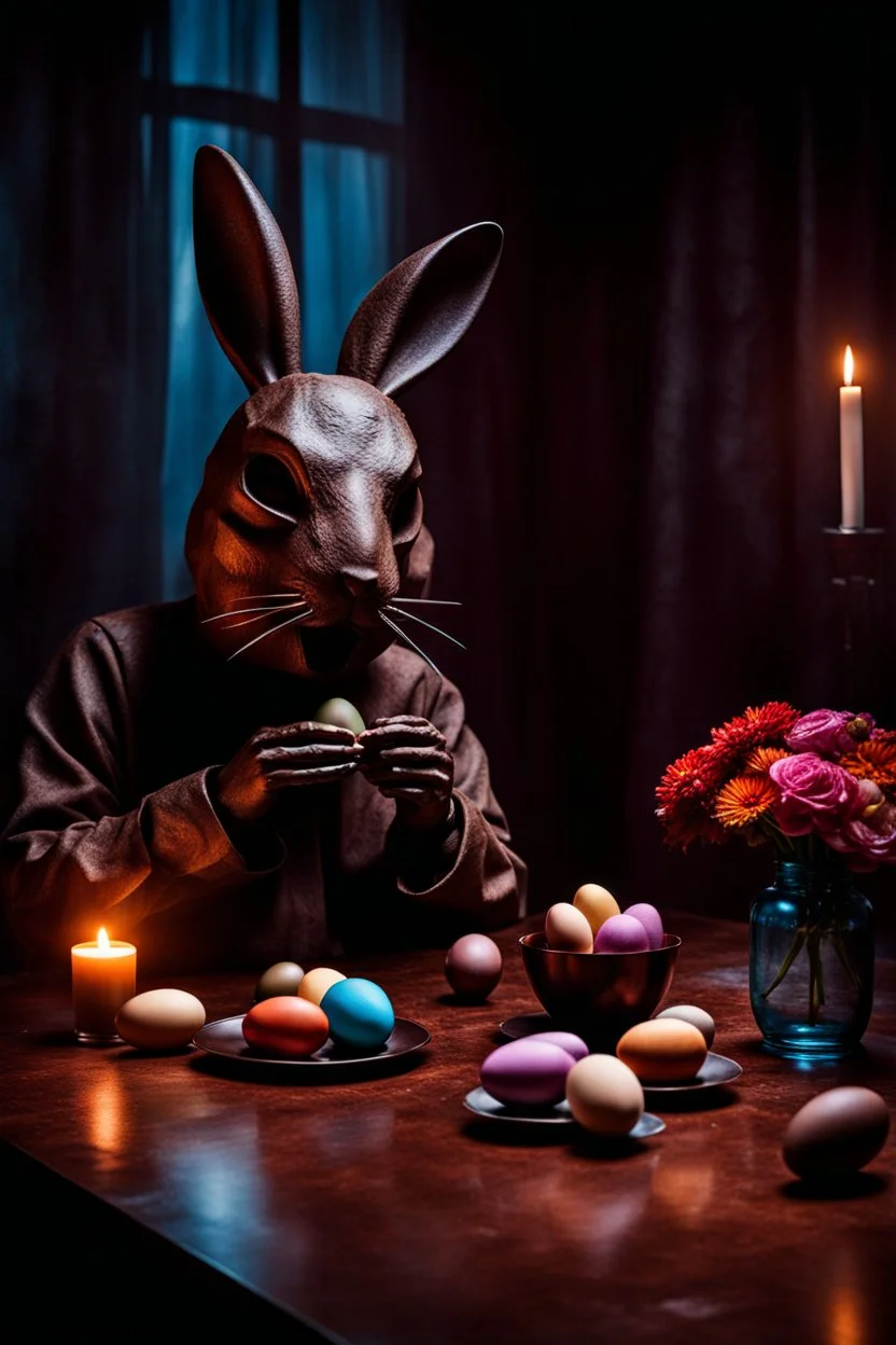 horror figure in rabbit mask sitting on the floor and eating chocolate, around chocolate eggs, brocken glass vase with flowers, volumetric light, dark colors, surreal dark mood, detalied, cinematic