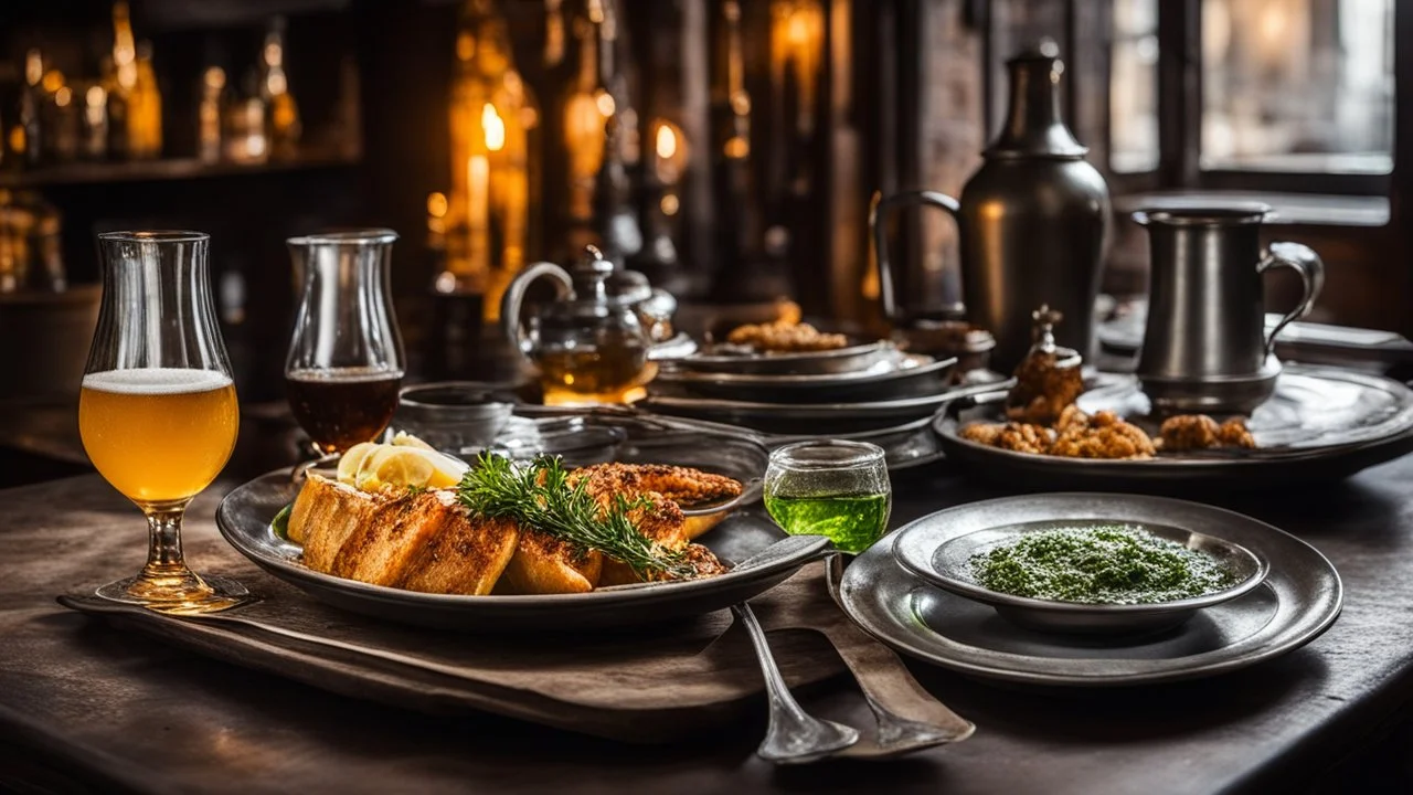 142857, delightful, sensitive, delicious food, banquet, pewter tankards and pewter plates, pewter mugs, pewter cups, beer, ale, confident, night, darkness, architecture, filled with delicious food, award-winning photograph, beautiful composition, chiascuro