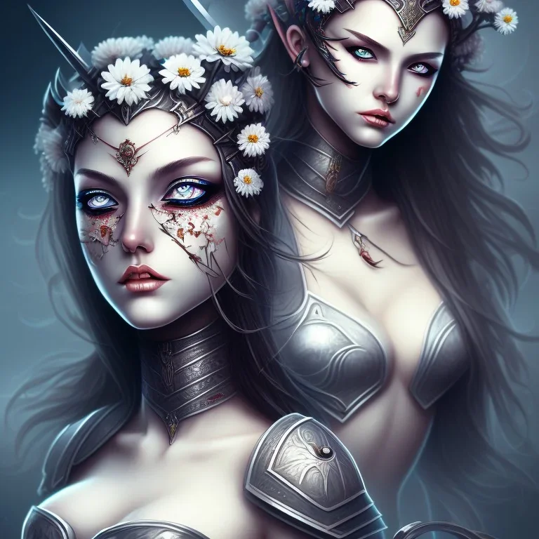 lady warrior with white top and black eyes and flower