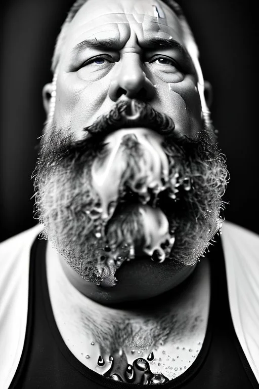 close up photography, dirty burly russian ugly strong chubby 56 years old man, bullneck, milk falling from above, splashing and dripping milk in the face, milk dripping on the beard, with dirty tank top, tattoo, serious eyes, manly chest, 35mm lens, natural light