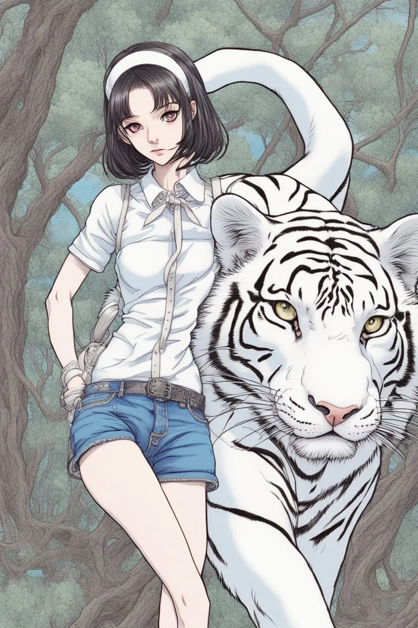 junji Ito ~ shintaro kago ~ apollonia saintclaire ~ saturno butto ~ anime woman posing. standing next to giant fierce white tiger. anime style alluring. cute, amazingly girly. Cute. anime girl. unrealistic feminine anatomy, very feminine pose. Gorgeous features . Hyper detailed. High definition. Anime style. HDR. 8k. This contrast between the fantastical character and the more bold color scheme and elements gives the piece an intriguing narrative quality. painted realism, photorealistic, fantasy