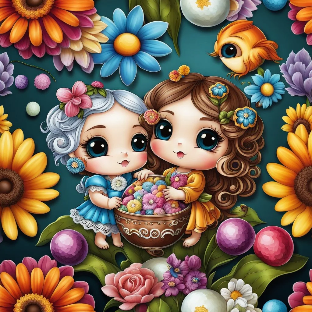 a stunning colorful flowers bouquet with lace chocolate balls and very cute little floating, clinging chibi fantasy creatures between the flowers, high cualtiy, detailed, sharp focus, fantasy, nice flowers, photorealistic, masterpiece