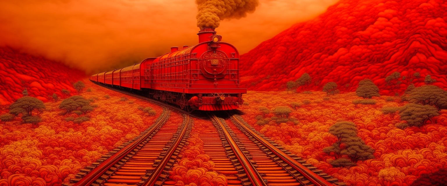 A red railway covered in smoke designed in Navajo baskets painted by Gustav Klimt