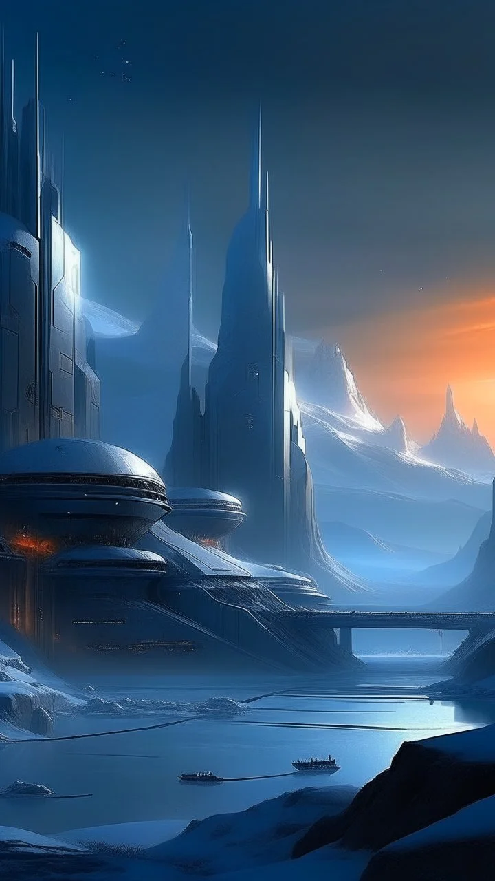 sci fi city, star wars inspired city, dawn, glacier