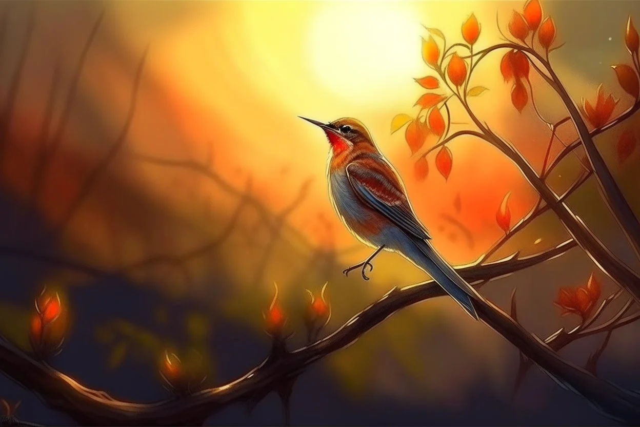 Nightingale on a branch in a thick hedgerow, singing, the breath draws a misty swirling pattern, sunrise, warm colors, smooth intricate high definition beautiful lighting watercolor dramatic lighting polished deep color warm light