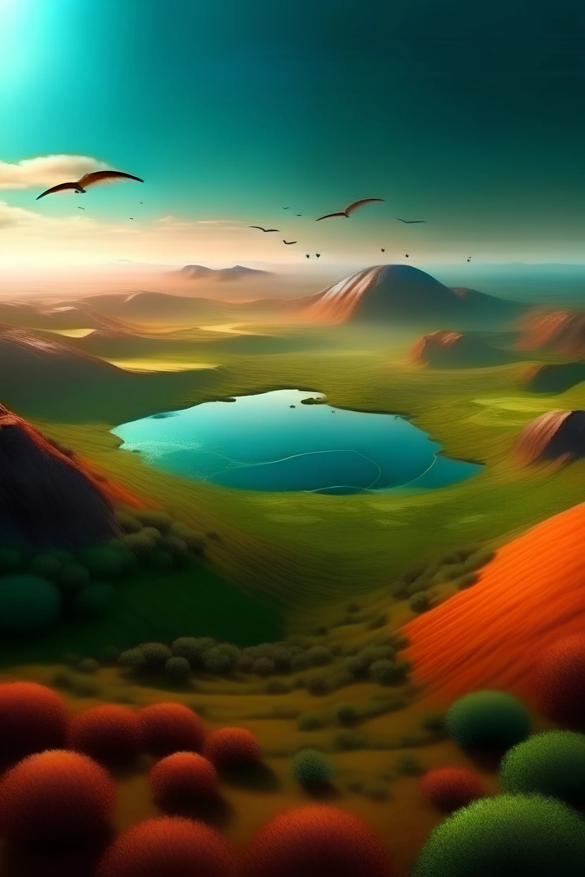 Vista aerea de paisaje real con aves volando, arboles y pastos verdes, planeta marte asomando en el cielo, montañas, clima calido, luz solar, nuboso, viento, mar azul, aureola boreal, 4d